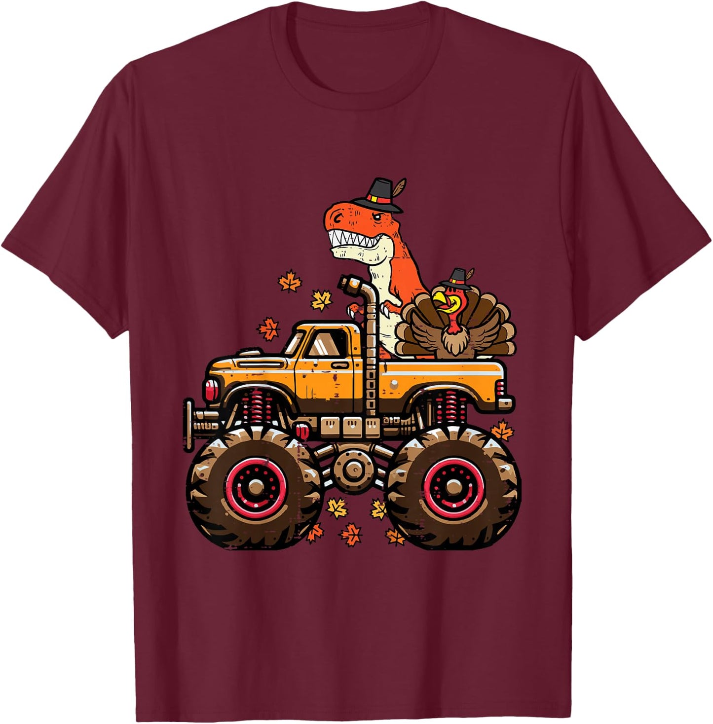 Kids Thanksgiving Dino Monster Truck Trex Fall Boys Kids Toddler T-Shirt - T-Shirt | Maroon