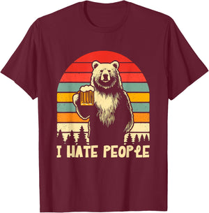 Funny Retro Bear Beer I Hate People T-Shirt - T-Shirt | Maroon