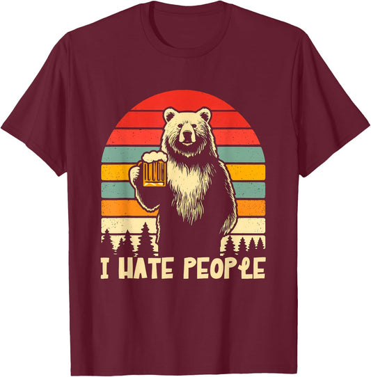 Funny Retro Bear Beer I Hate People T-Shirt - T-Shirt | Maroon