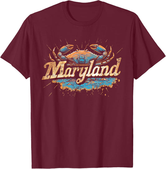 Maryland - Cool Funny Graphic Vintage Men Women Retro Crab T-Shirt - T-Shirt | Maroon