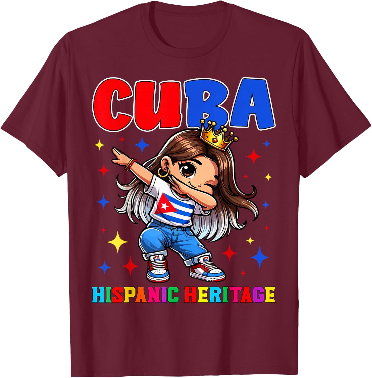 Cuba Dabbing Girl Hispanic Heritage Celebration for Kids T-Shirt - T-Shirt | Maroon