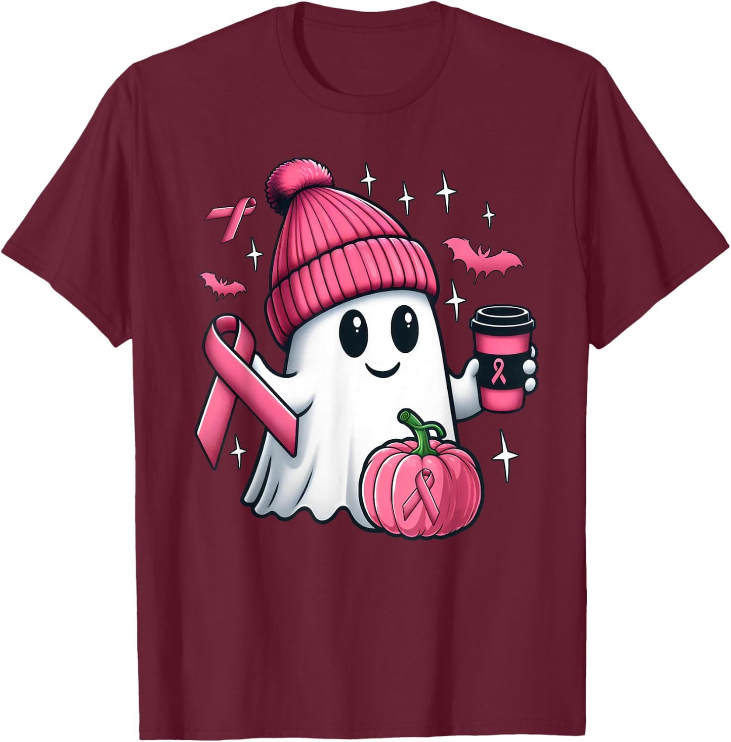 Cute Ghost Drinking Coffee Halloween Breast Cancer Awareness T-Shirt - T-Shirt | Maroon