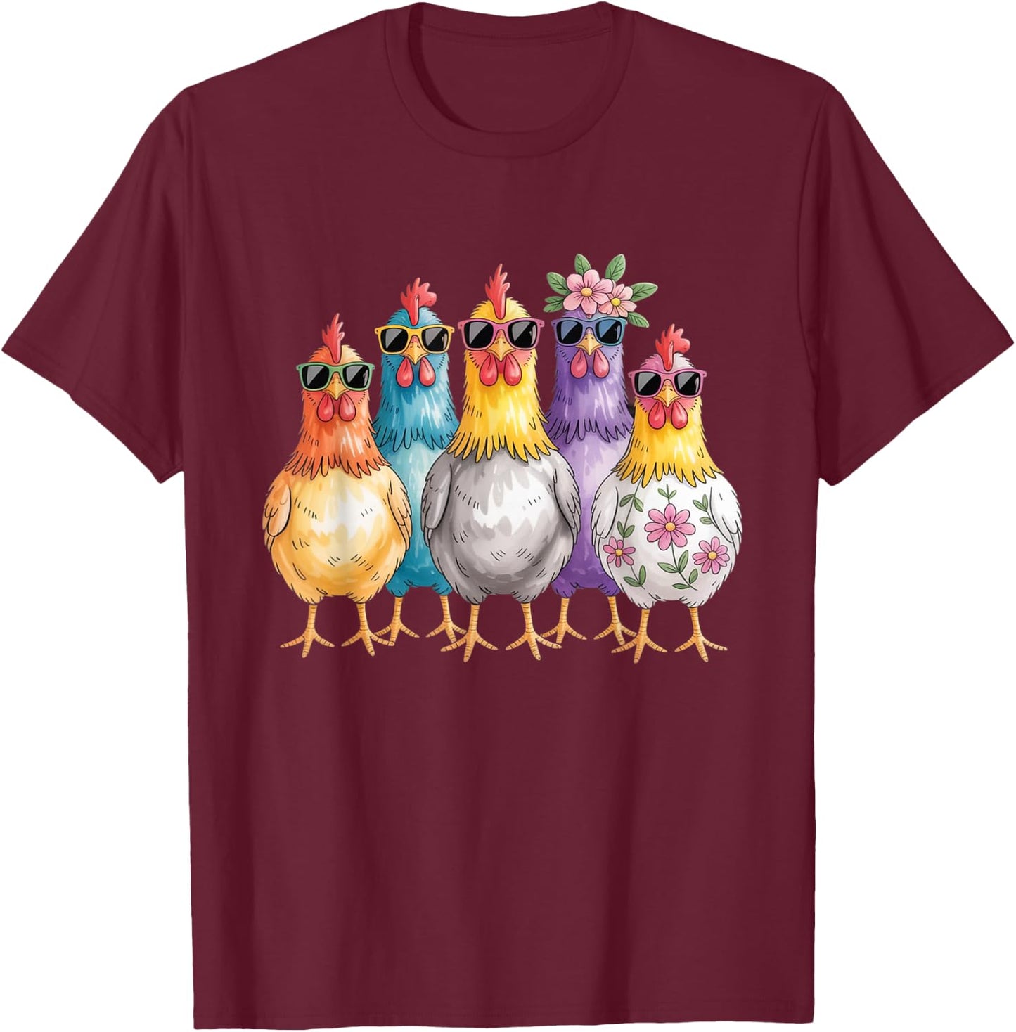 Colorful Cool Chickens Sunglasse Retro Chicken Floral Farm T-Shirt - T-Shirt | Maroon