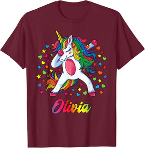 Olivia Dabbing Unicorn Rainbow Personalized Name Custom T-Shirt - T-Shirt | Maroon