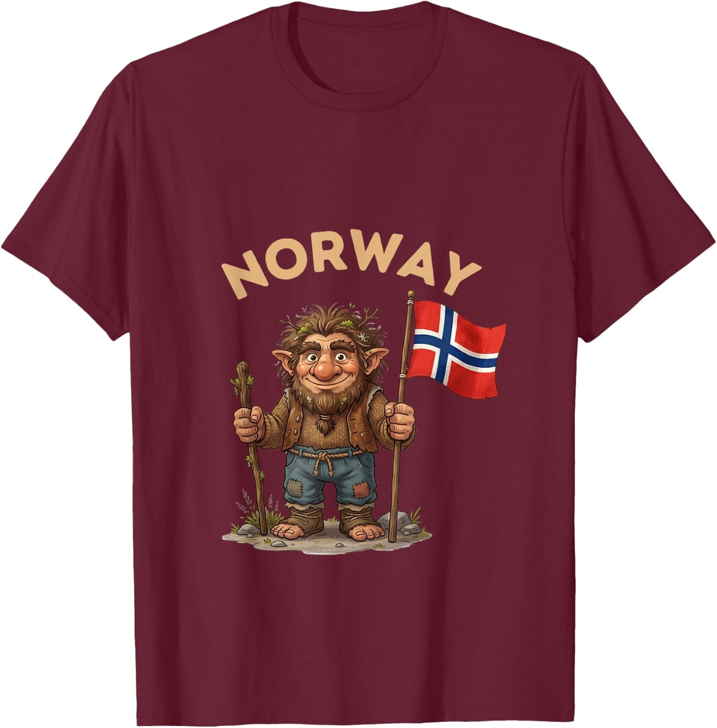Vintage Norwegian Troll with Flag | Retro Norway Souvenir T-Shirt - T-Shirt | Maroon