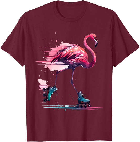 Funny Flamingo Roller Skating Cool Design Flamingo T-Shirt - T-Shirt | Maroon