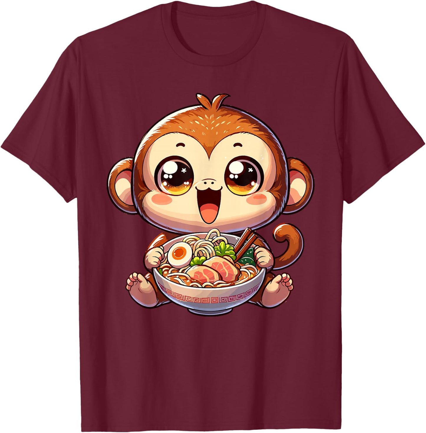 Cute Youth Monkey Kawaii Eating Ramen Japanese Food T-Shirt - T-Shirt | Maroon