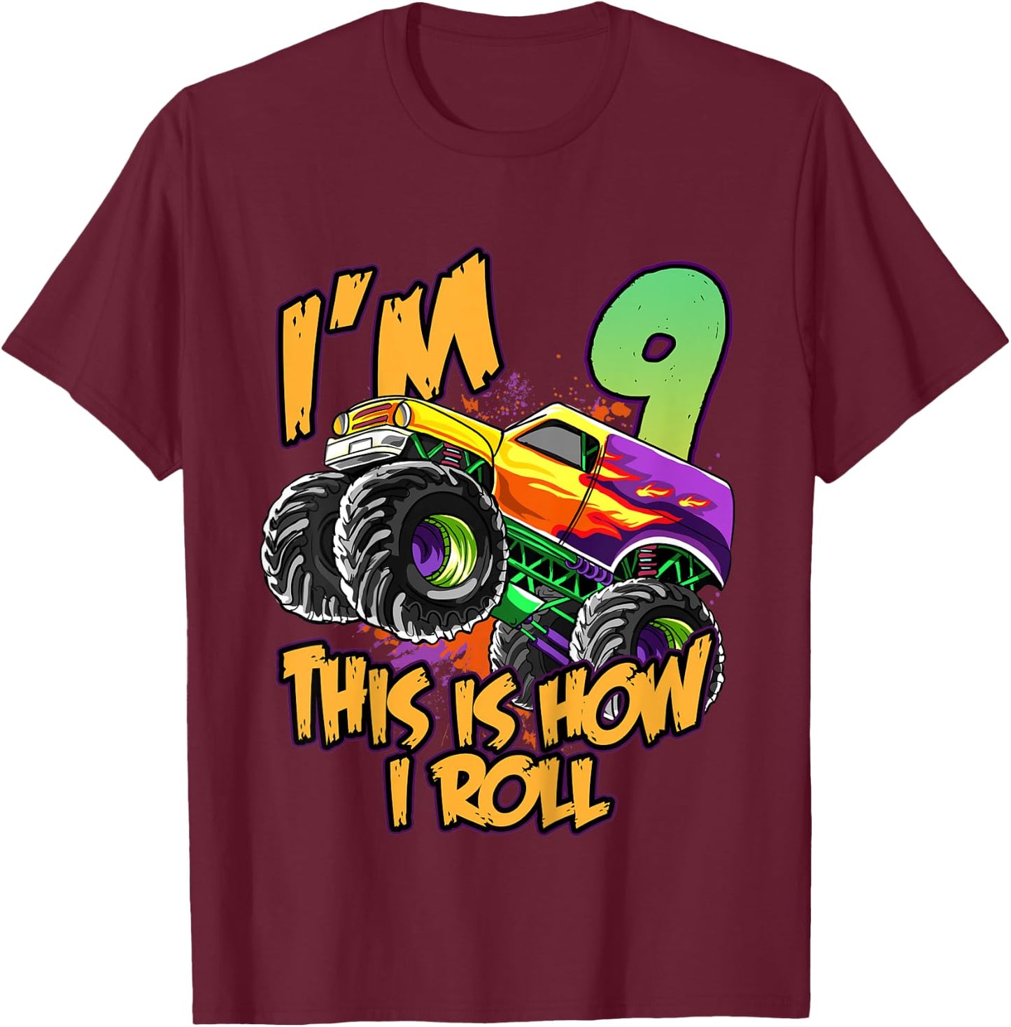 Kids 9th Birthday Boys Monster Truck 9 Year Old Race Car Party T-Shirt - T-Shirt | Maroon