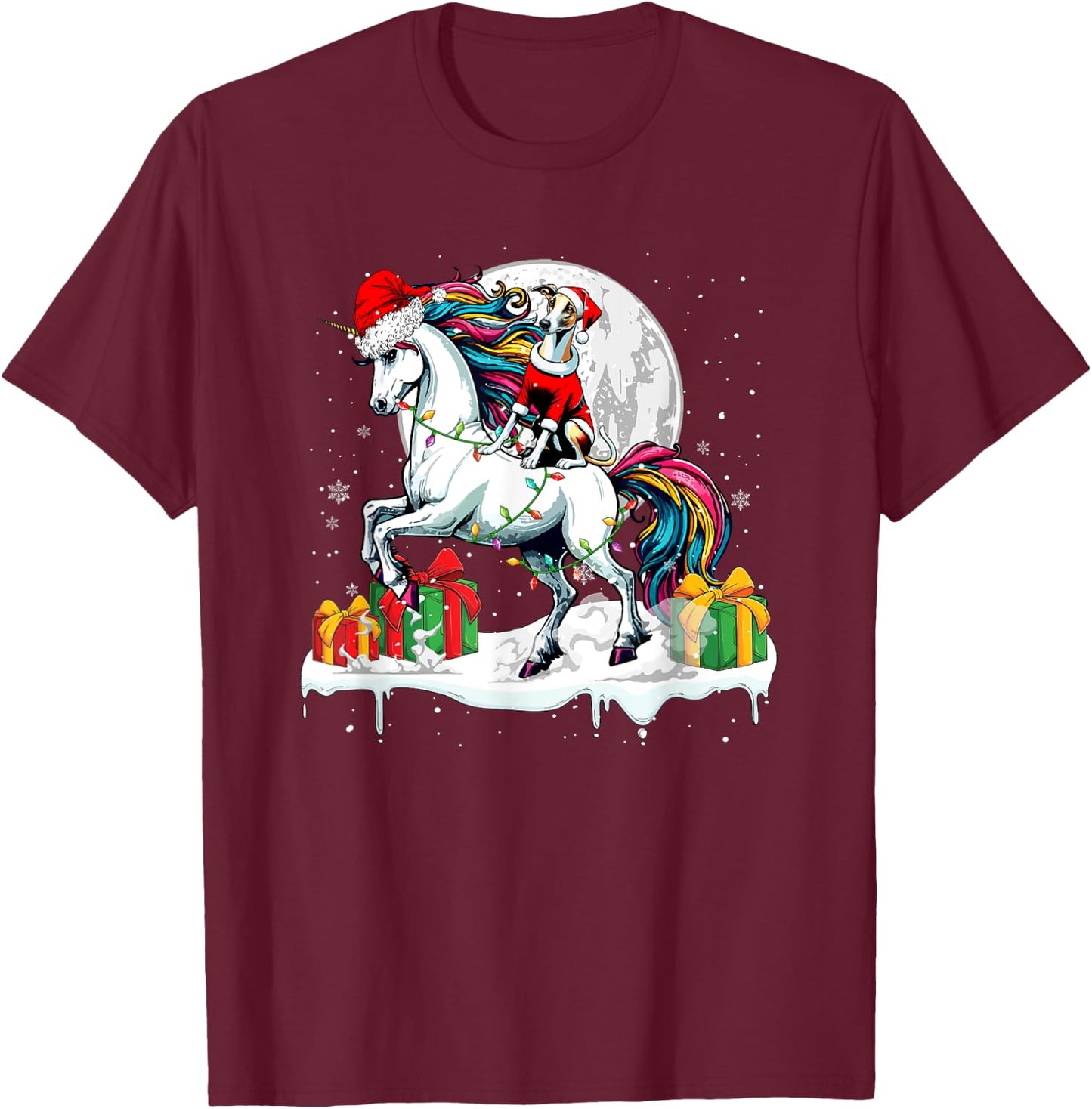 Santa Whippet Riding Unicorn Christmas Owner Kids Family T-Shirt - T-Shirt | Maroon