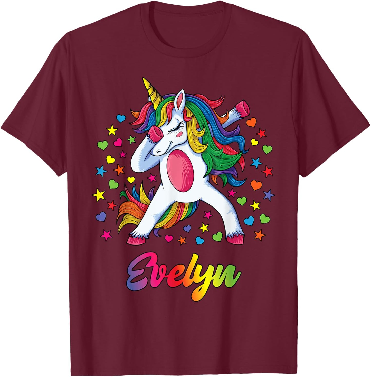 Evelyn Personalised Name Unicorn Girl Gift T-Shirt - T-Shirt | Maroon