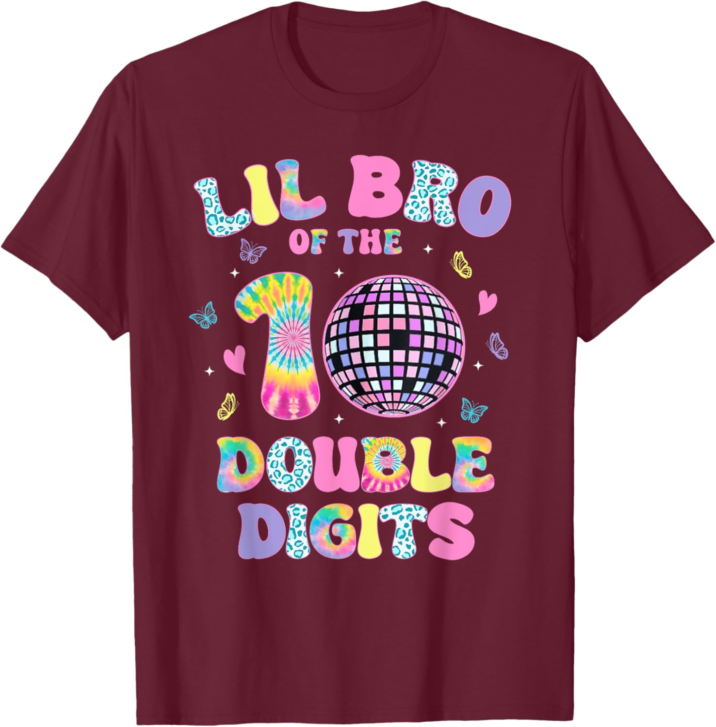Lil Bro Of The Double Digits 10 Year Old Birthday Girl Retro T-Shirt - T-Shirt | Maroon