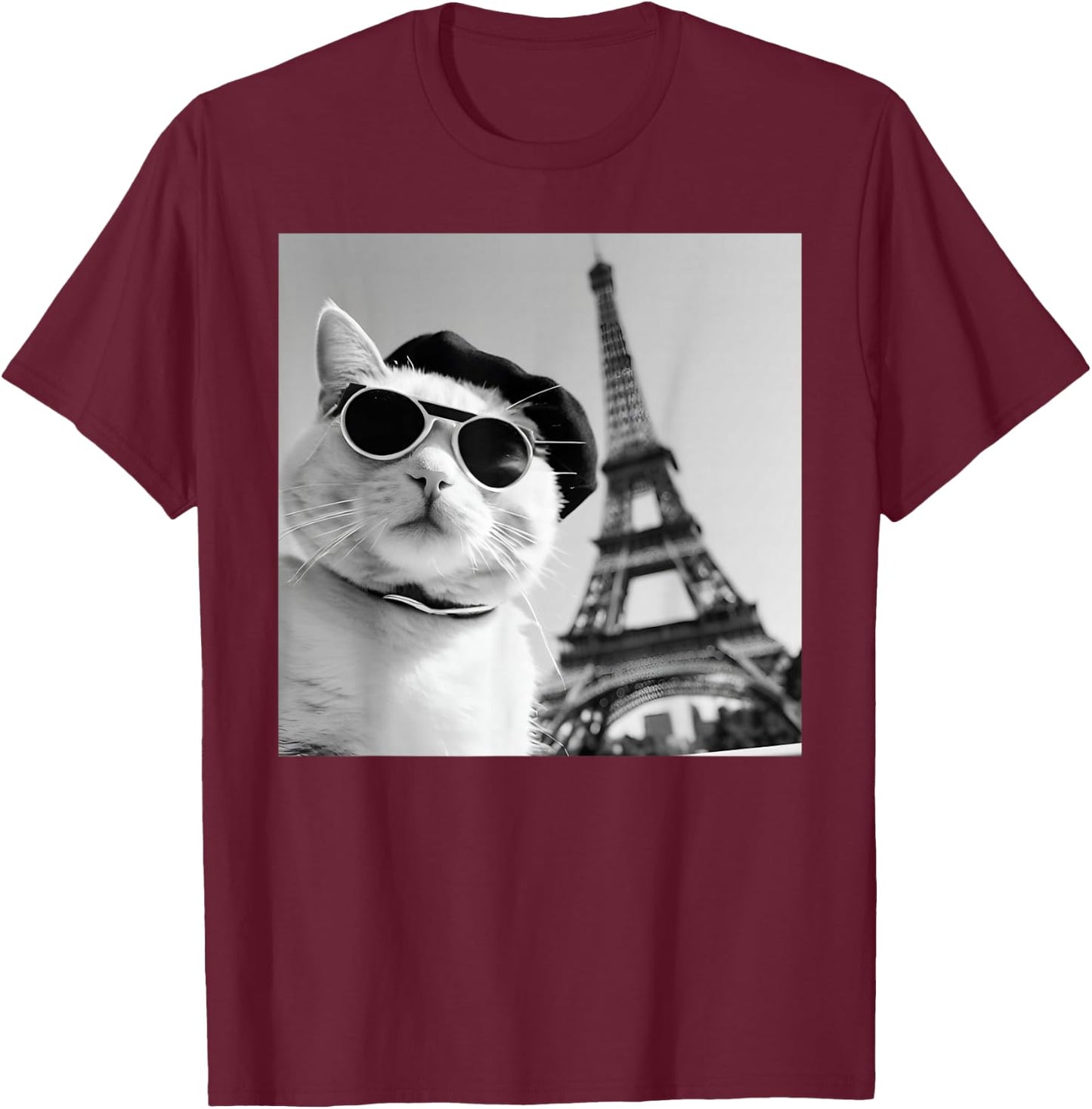Funny Cat Wearing Sunglasses At The Eiffel Tower in France T-Shirt - T-Shirt | Maroon