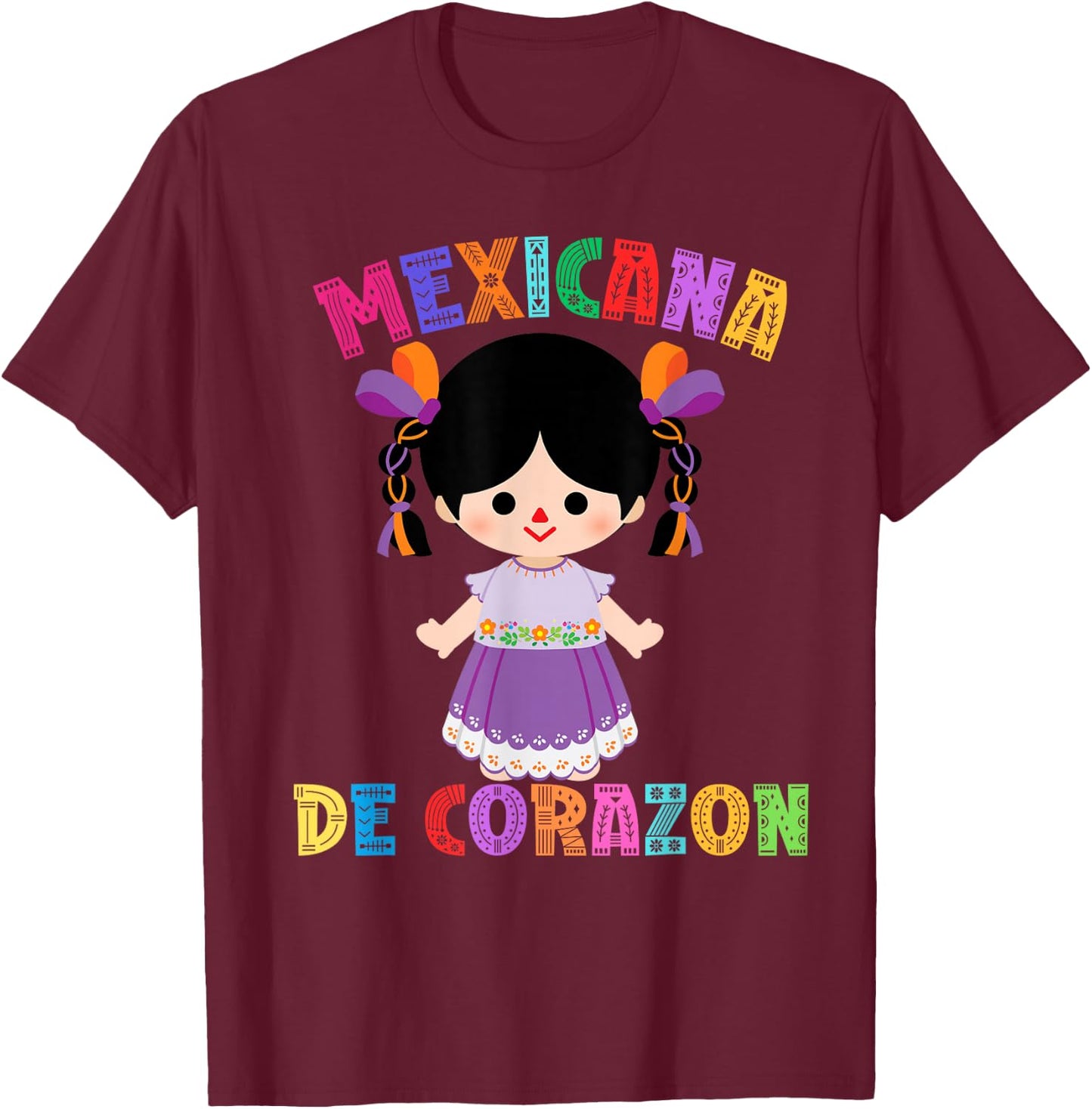Mexican Doll, Maria. Mexican Mazahua Arte Huichol, Lele T-Shirt - T-Shirt | Maroon