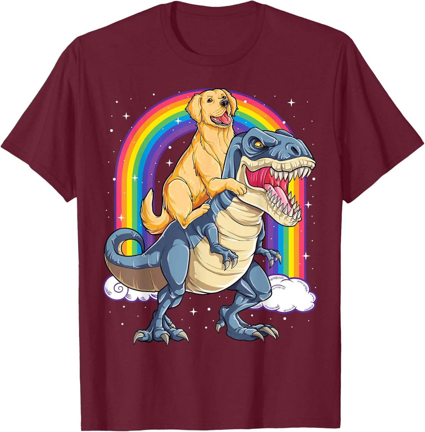 Golden Retriever Riding Dinosaur T-rex Gifts Boys Rainbow T-Shirt - T-Shirt | Maroon