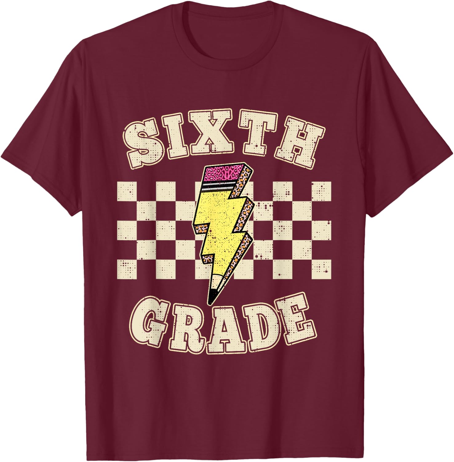 Retro 6th Sixth Grade Teacher Lightning Bolt Pencil Teacher T-Shirt - T-Shirt | Maroon