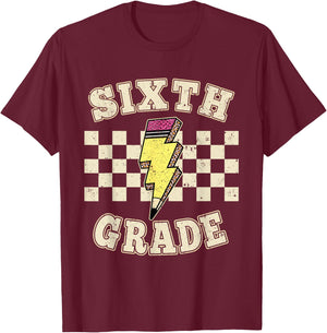 Retro 6th Sixth Grade Teacher Lightning Bolt Pencil Teacher T-Shirt - T-Shirt | Maroon