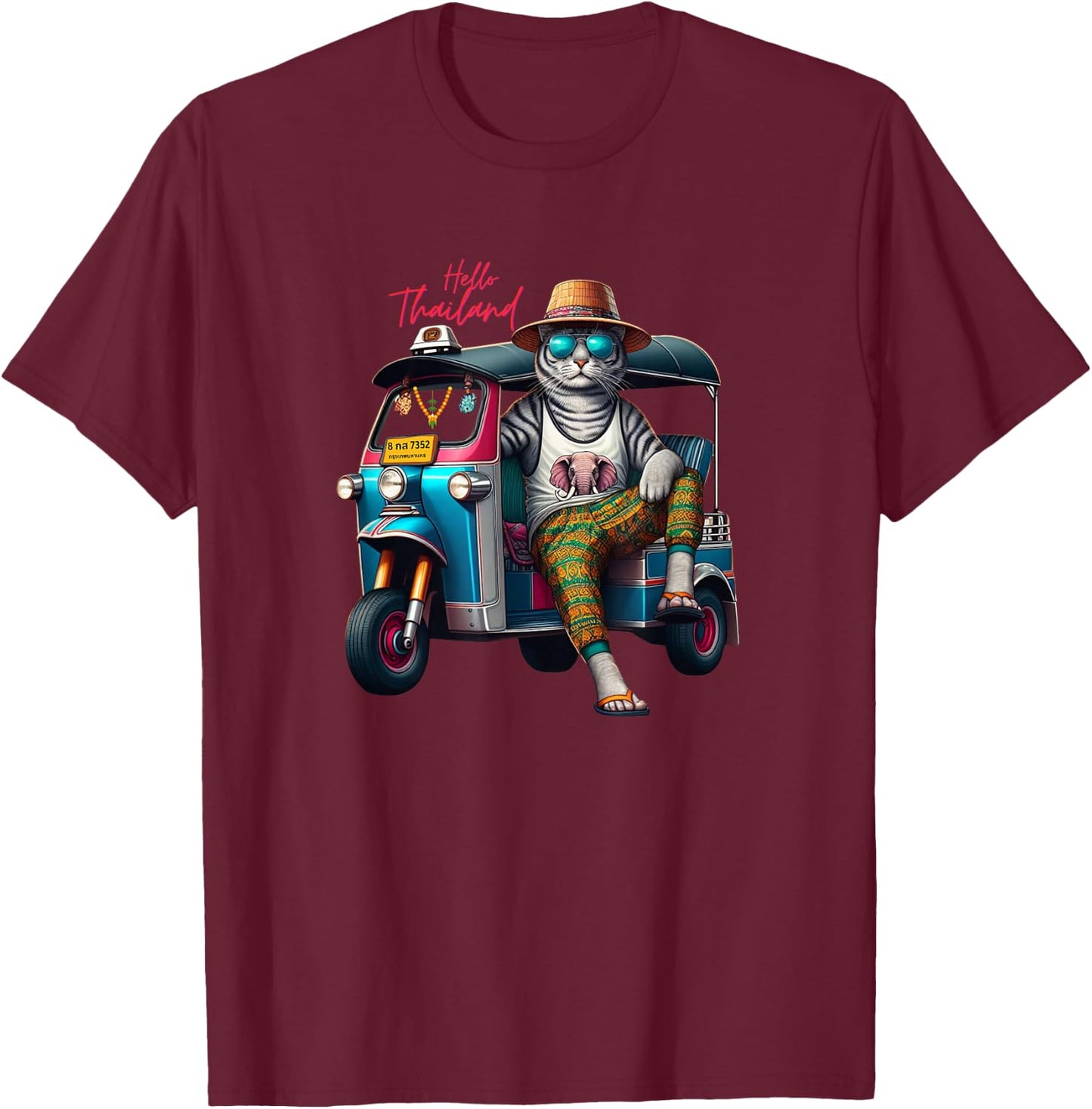 Hello Thailand Cool cat wear elephant Pants on Thai TukTuk T-Shirt - T-Shirt | Maroon