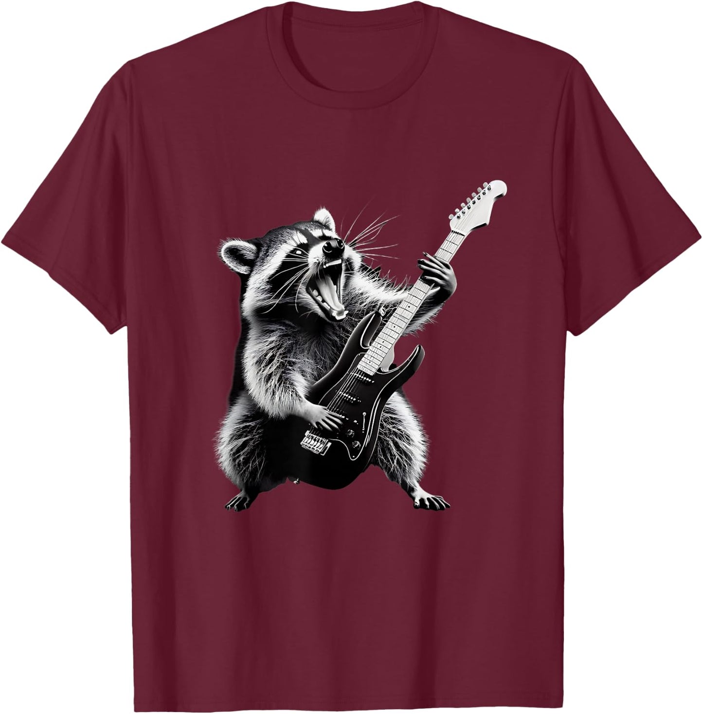 Rock Raccoon Playing Guitar Men Women Kids Funny Raccoon T-Shirt - T-Shirt | Maroon