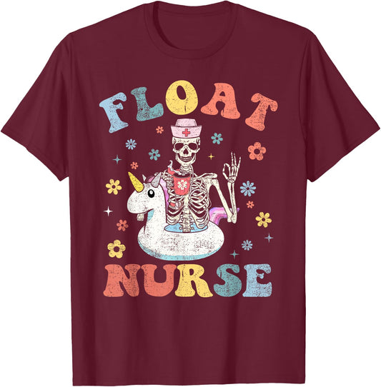 Skeleton Float Pool ICU Med Surg Nurse Week Appreciation T-Shirt - T-Shirt | Maroon
