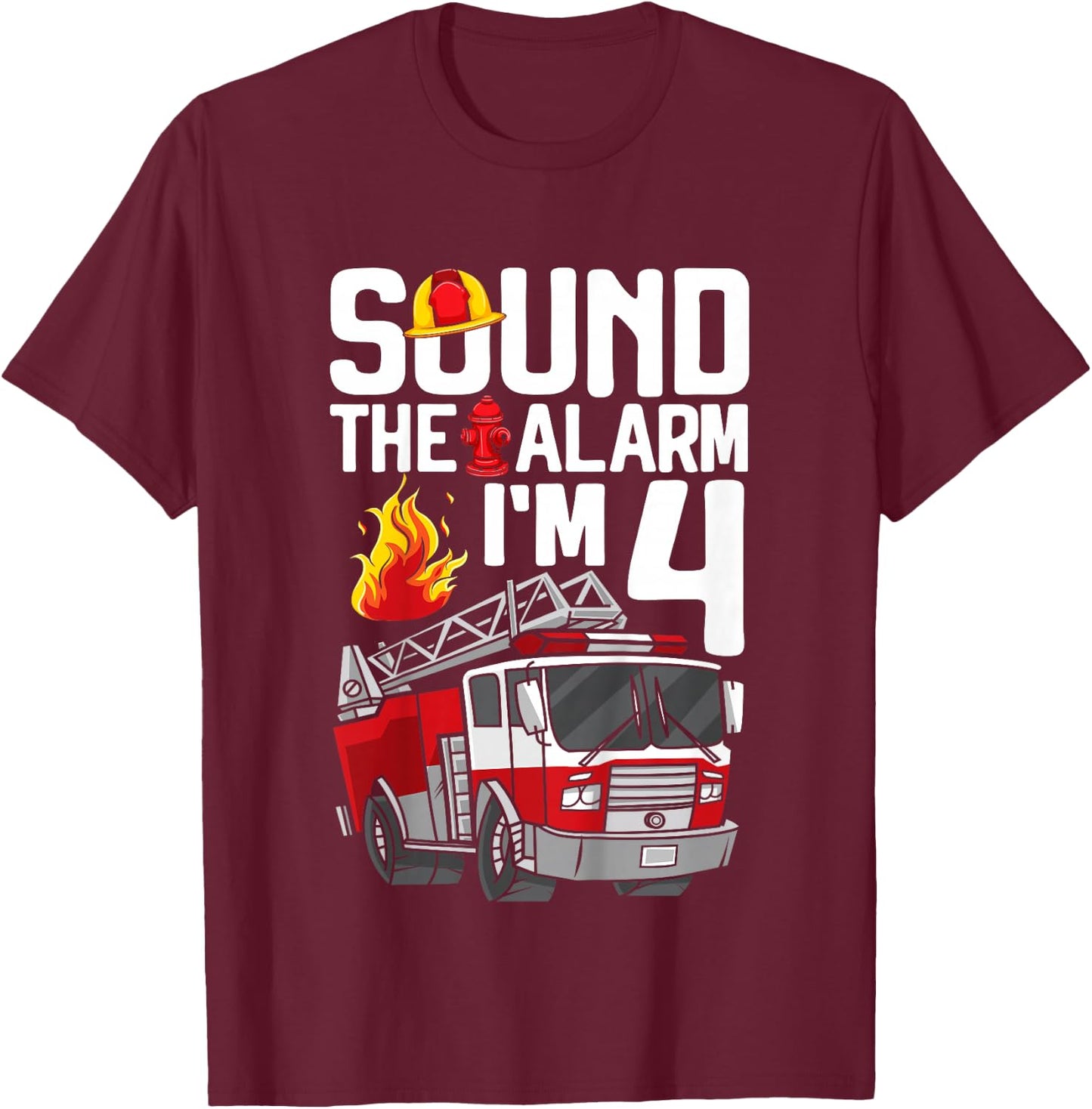 4 Years Old Firefighter 4th Birthday Boy Fire Truck Toddler T-Shirt - T-Shirt | Maroon