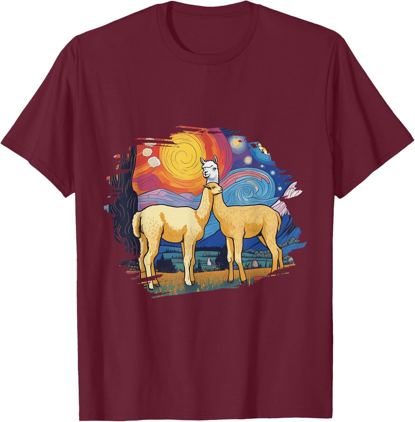 Llama Starry Night Artwork Cotopaxi National Park Souvenir T-Shirt - T-Shirt | Maroon