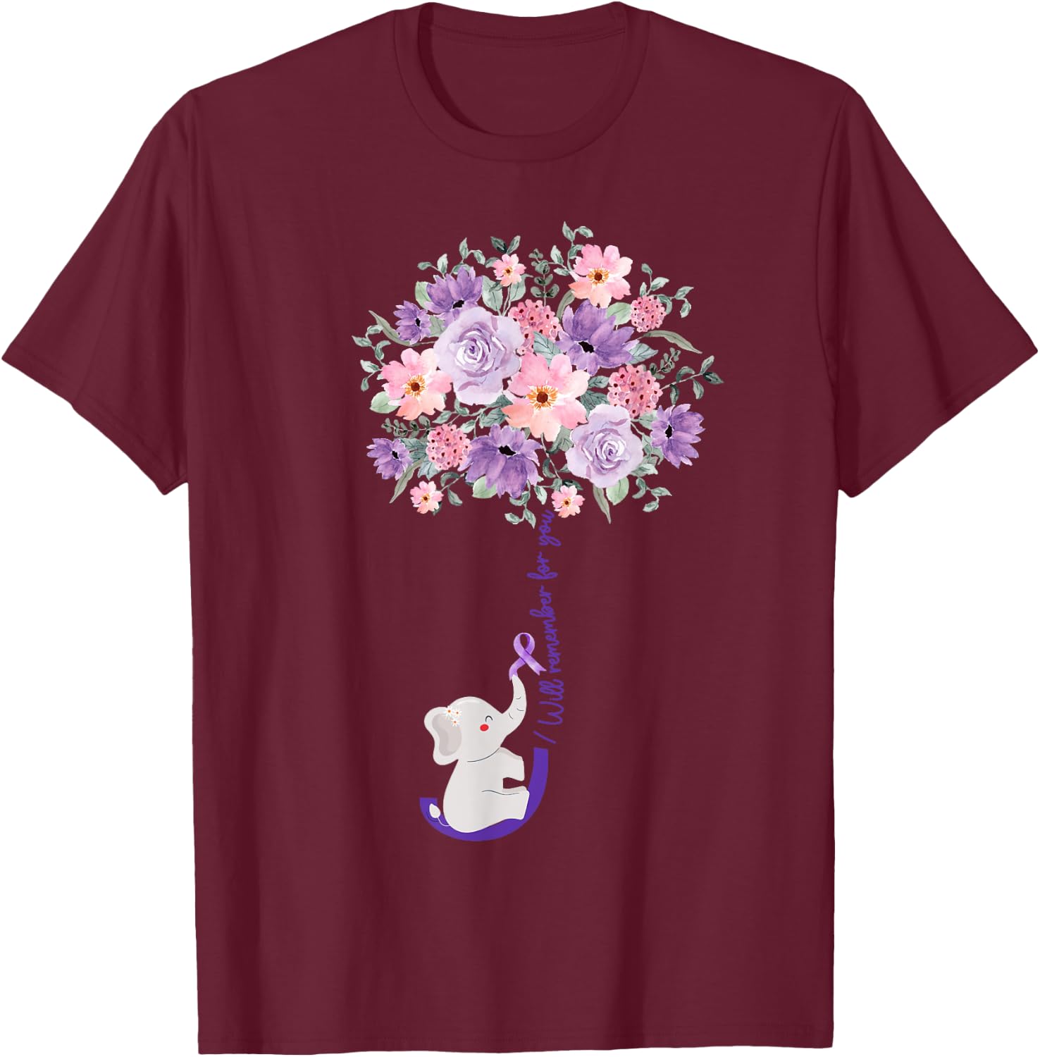 Elephant I Will Remember For You purple Sunflower Alzheimer T-Shirt - T-Shirt | Maroon