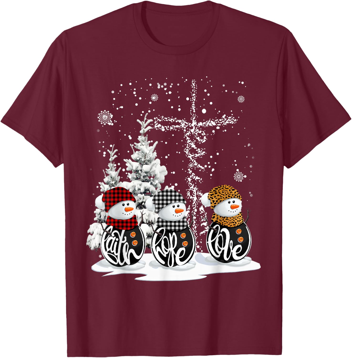 Funny Christmas 2025 Faith Hope Love Snowman Christian Cross T-Shirt - T-Shirt | Maroon