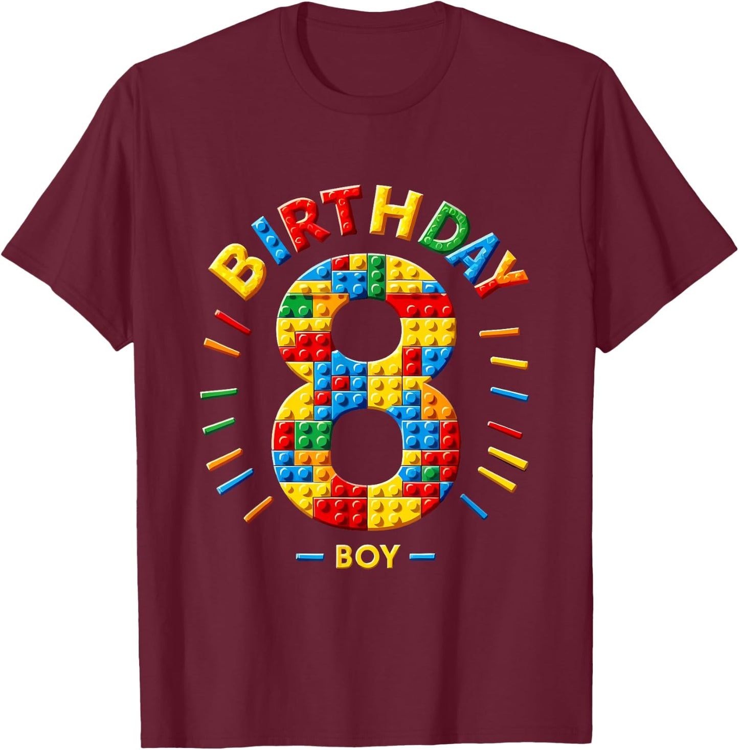 Master Builder 8th Birthday Boy 8 Eight Year Building Bricks T-Shirt - T-Shirt | Maroon