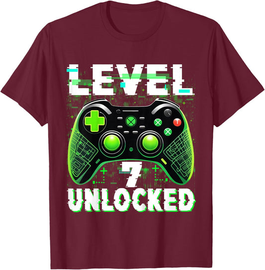 Kids Level 7 Unlocked Shirt Funny Video Gamer Geek 6th Birthday T-Shirt - T-Shirt | Maroon