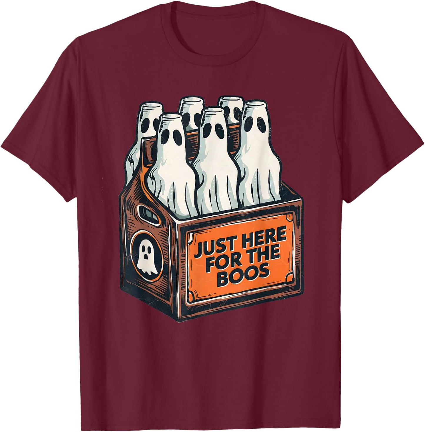 Here for the Boos Halloween 6 Pack Booze Ghost Beer Bottles T-Shirt - T-Shirt | Maroon