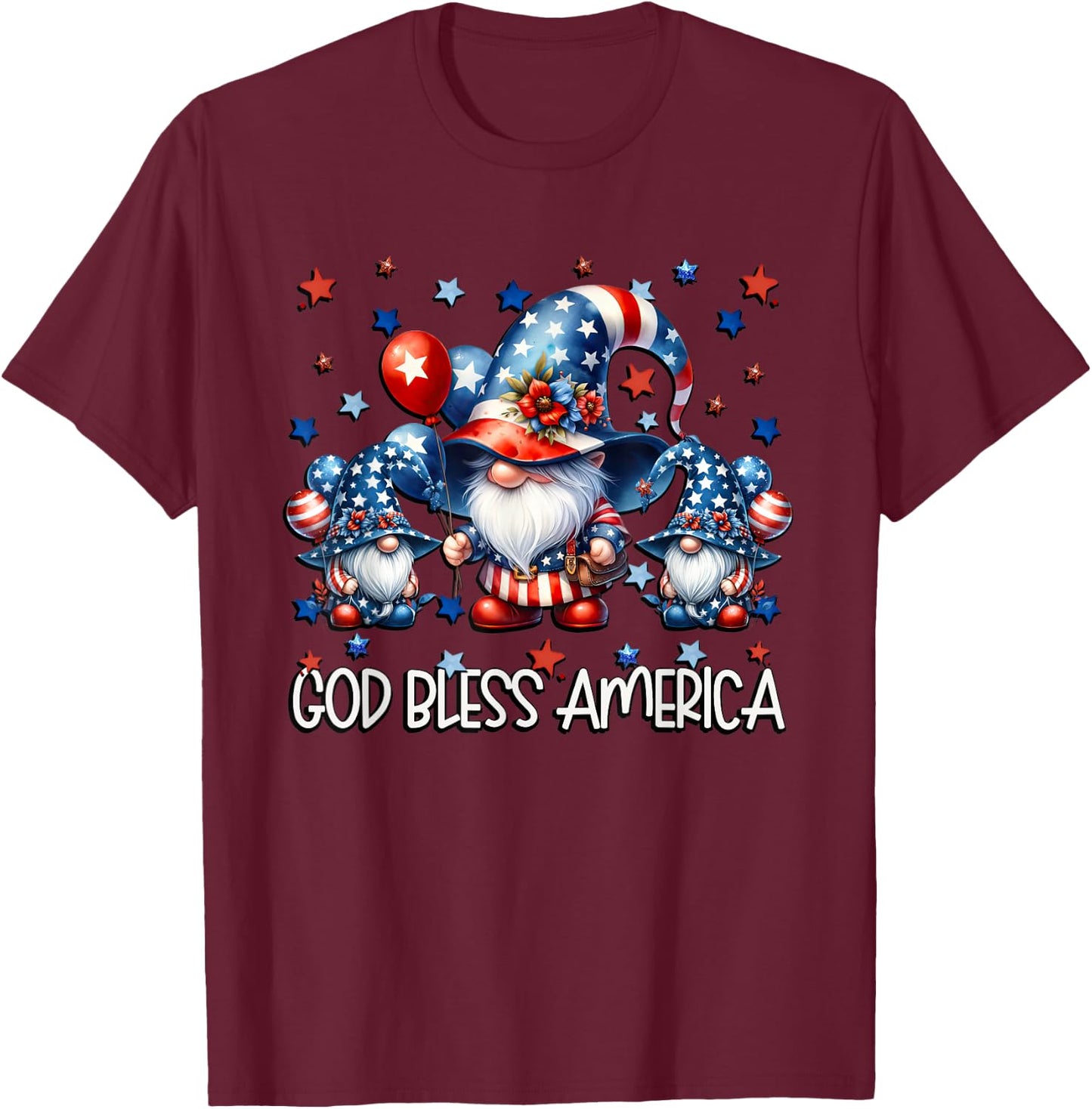 Memorial Day Gnomes Patriotic Christians God Bless America T-Shirt - T-Shirt | Maroon