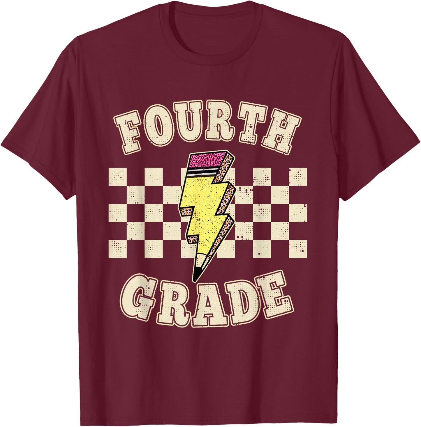 Retro 4th Fourth Grade Teacher Lightning Bolt Pencil Teacher T-Shirt - T-Shirt | Maroon