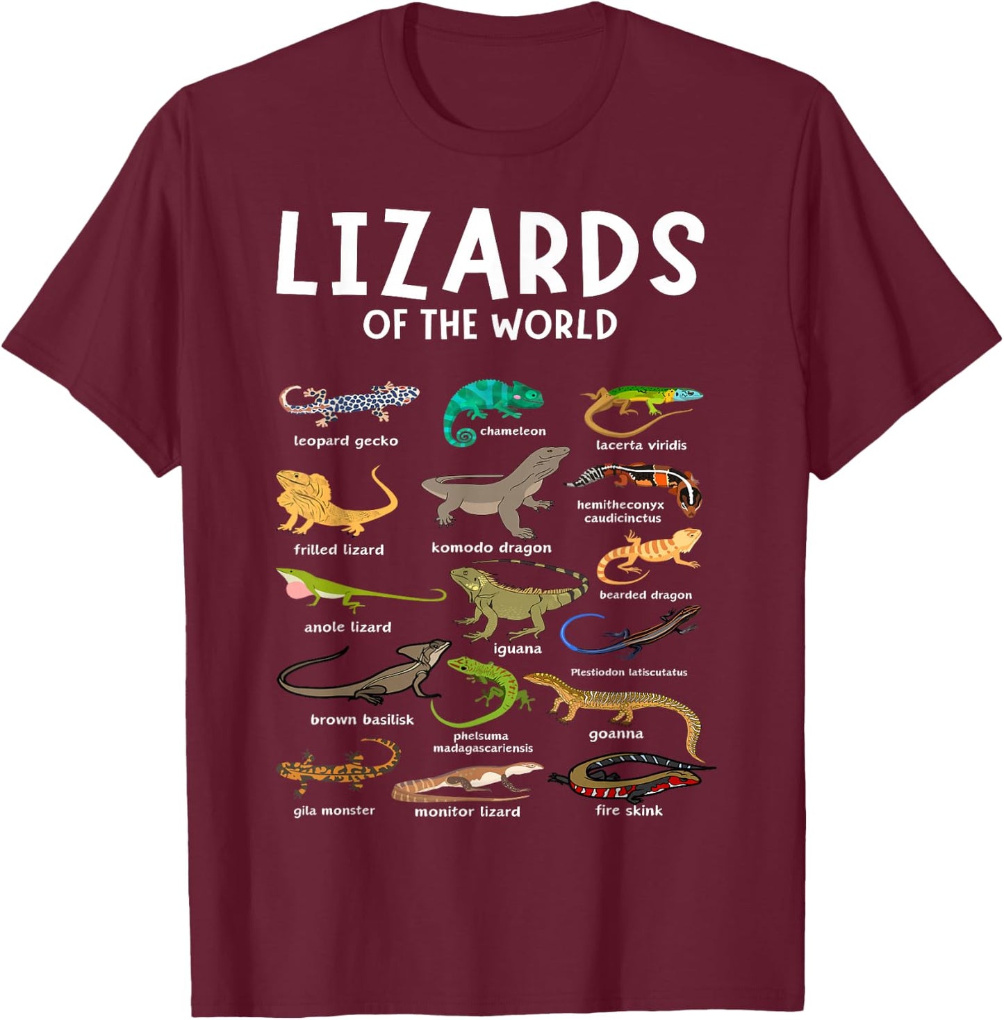 Types of Lizards of the World Reptile Herpetology Lizard T-Shirt - T-Shirt | Maroon