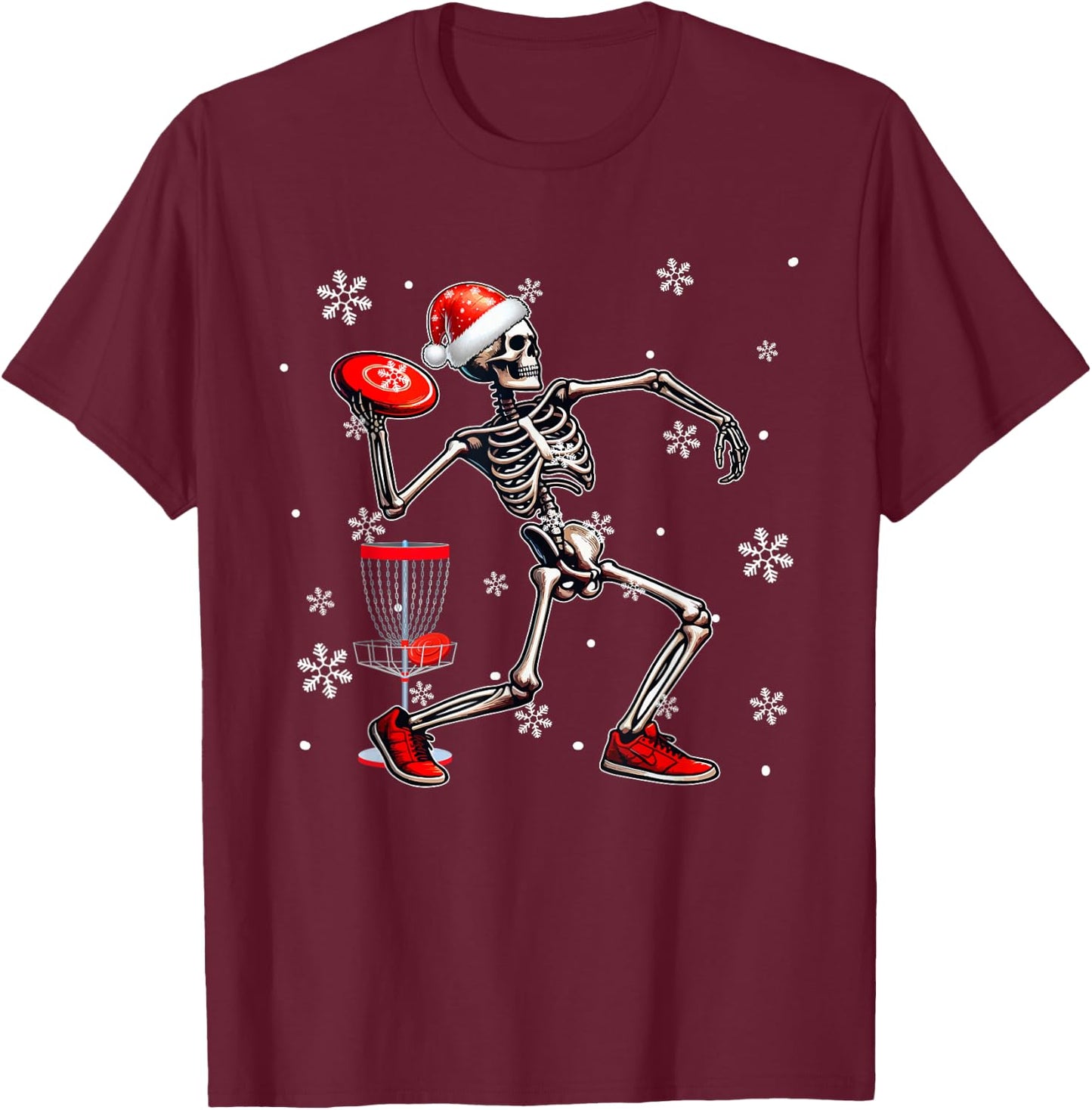 Santa Skeleton Playing Disc Golf Christmas Player Lover Kids T-Shirt - T-Shirt | Maroon