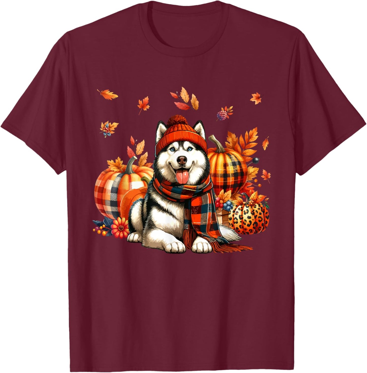 Husky Thanksgiving Leopard Pumpkins Fall Leaves Lover T-Shirt - T-Shirt | Maroon