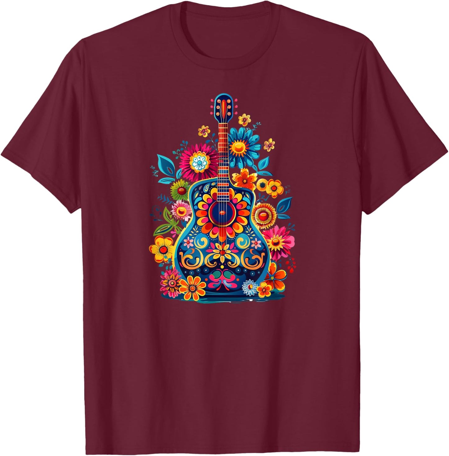 Cute Hippie Acoustic Flower Guitar - Floral Hippie Music Fan T-Shirt - T-Shirt | Maroon