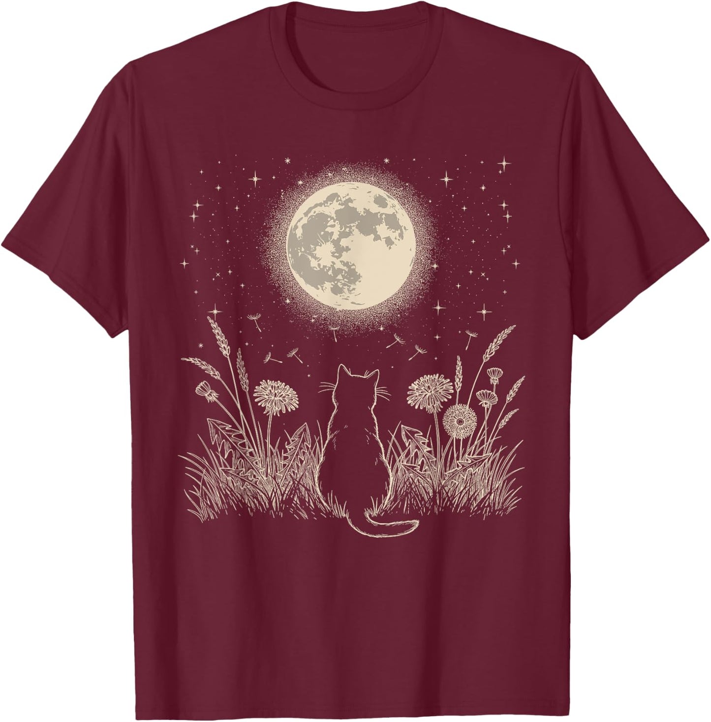 Black Cat Moon Floral Aesthetic Men Women Kitten Halloween T-Shirt - T-Shirt | Maroon