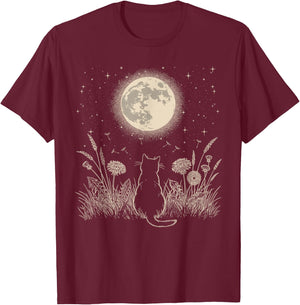 Black Cat Moon Floral Aesthetic Men Women Kitten Halloween T-Shirt - T-Shirt | Maroon