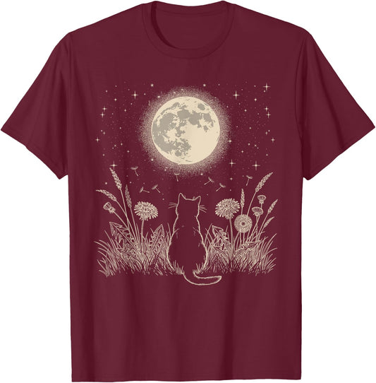 Black Cat Moon Floral Aesthetic Men Women Kitten Halloween T-Shirt - T-Shirt | Maroon