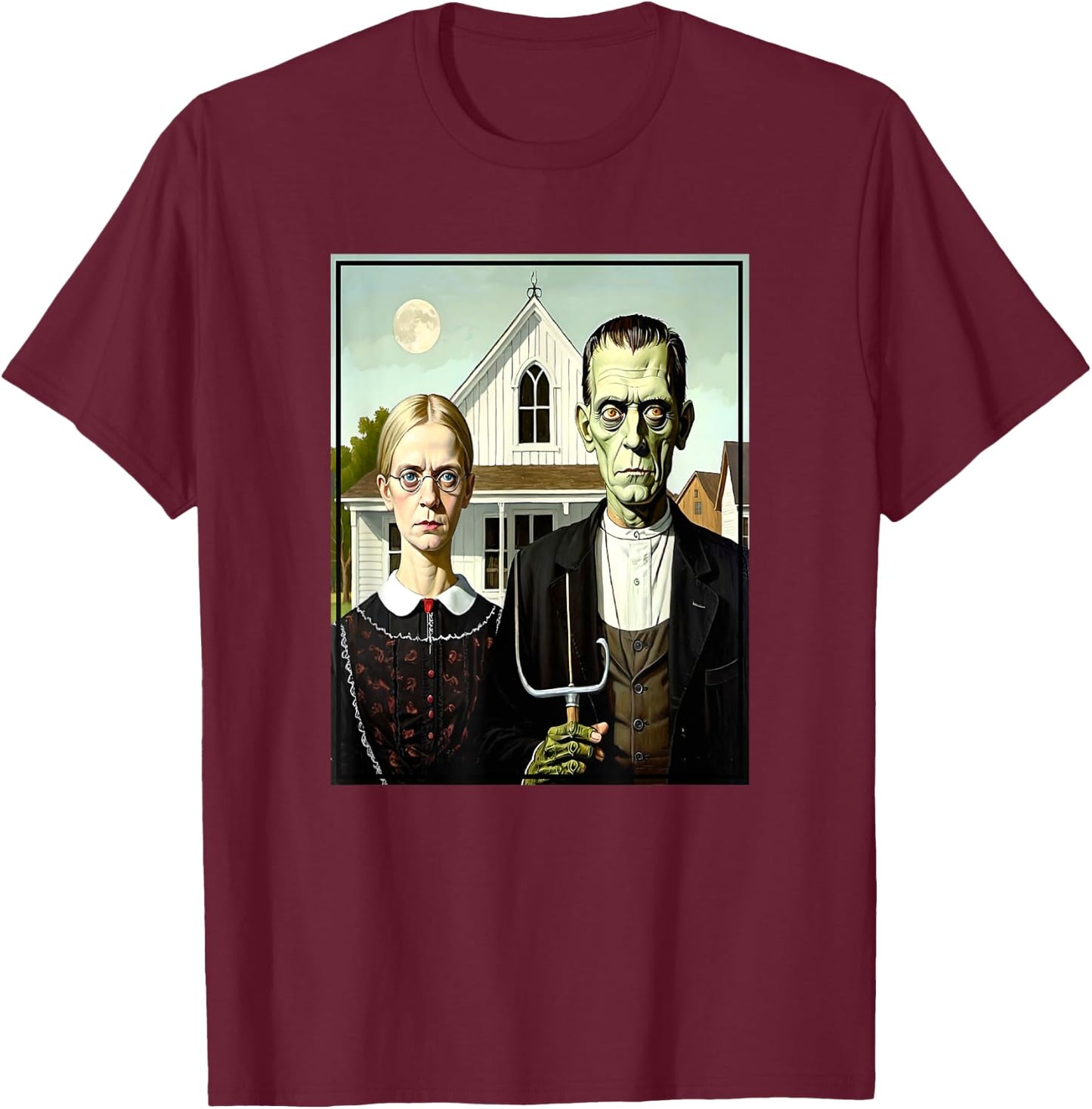 Frankenstein Monster American Gothic Parody Painting T-Shirt - T-Shirt | Maroon