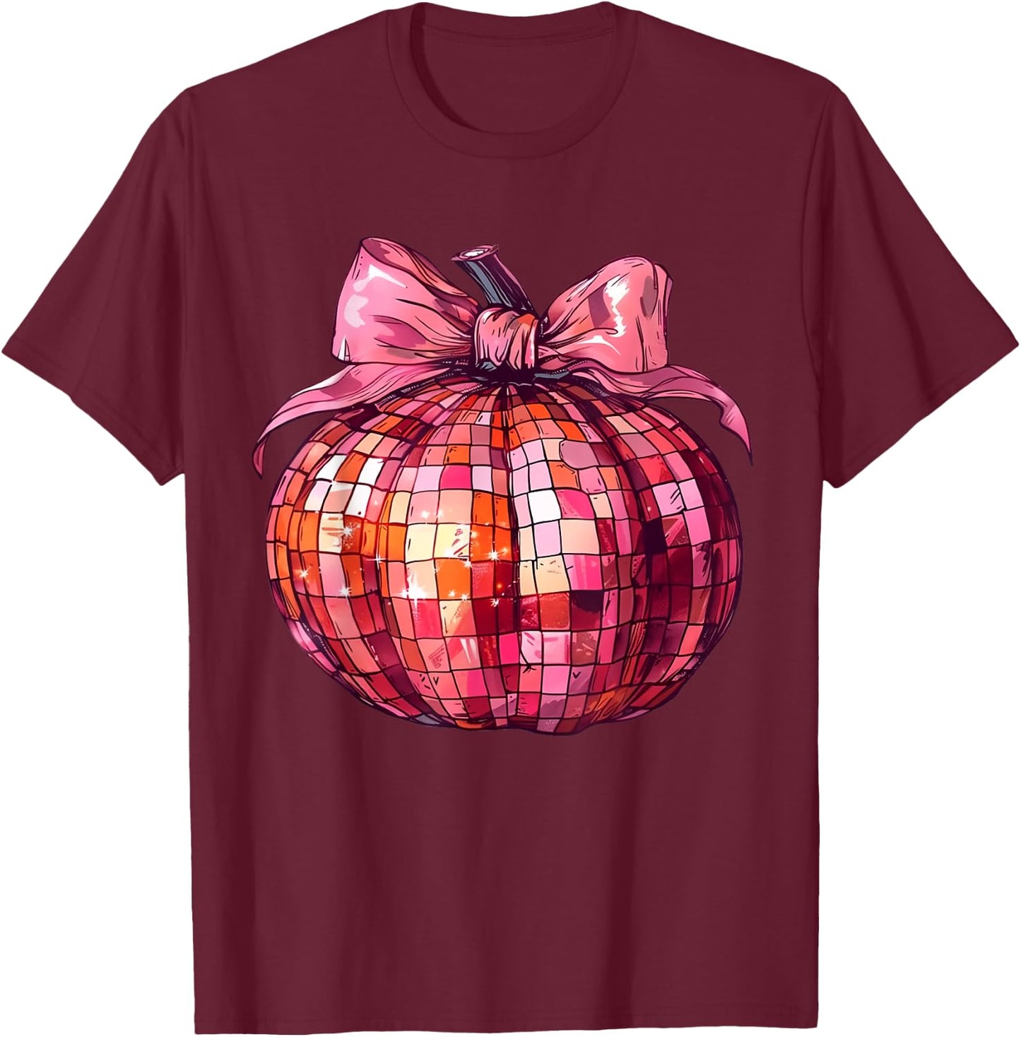 Retro Disco Ball Coquette Pink Pumpkin T-Shirt - T-Shirt | Maroon