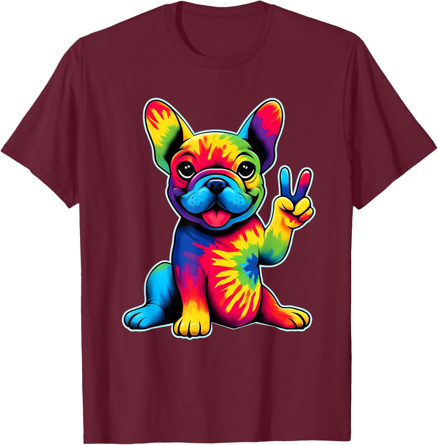 French Bulldog Tie Dye Frenchie Dog Lovers Peace Sign Hippie T-Shirt - T-Shirt | Maroon