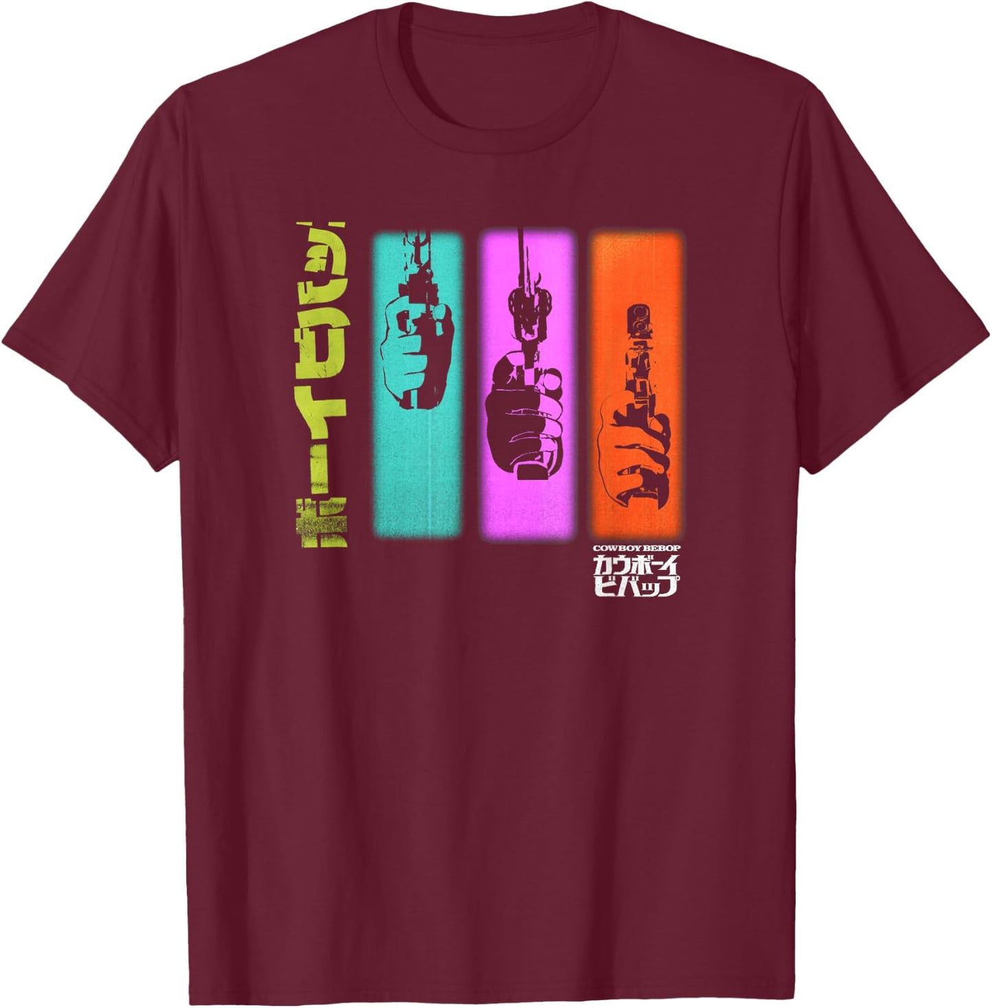 Cowboy Bebop Hand Gun Colorful Panels T-Shirt - T-Shirt | Maroon
