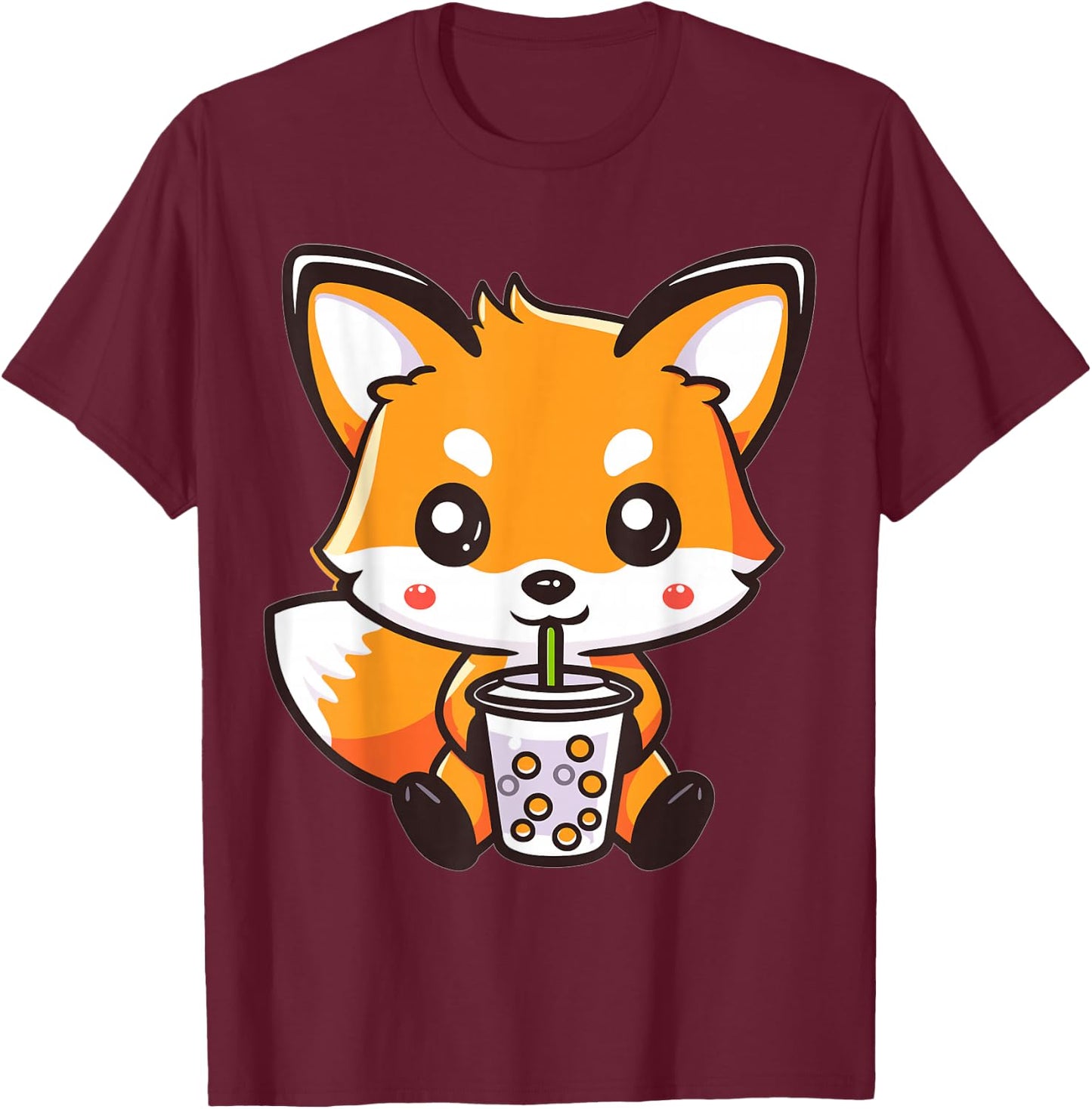 Kawaii Fox Drinking Bubble Tea Boba Anime Cute Graphic T-Shirt - T-Shirt | Maroon