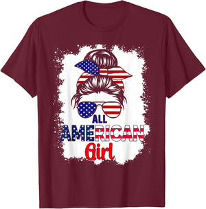 Messy Bun Patriotic All American Girl 4th Of July T-Shirt - T-Shirt | Maroon