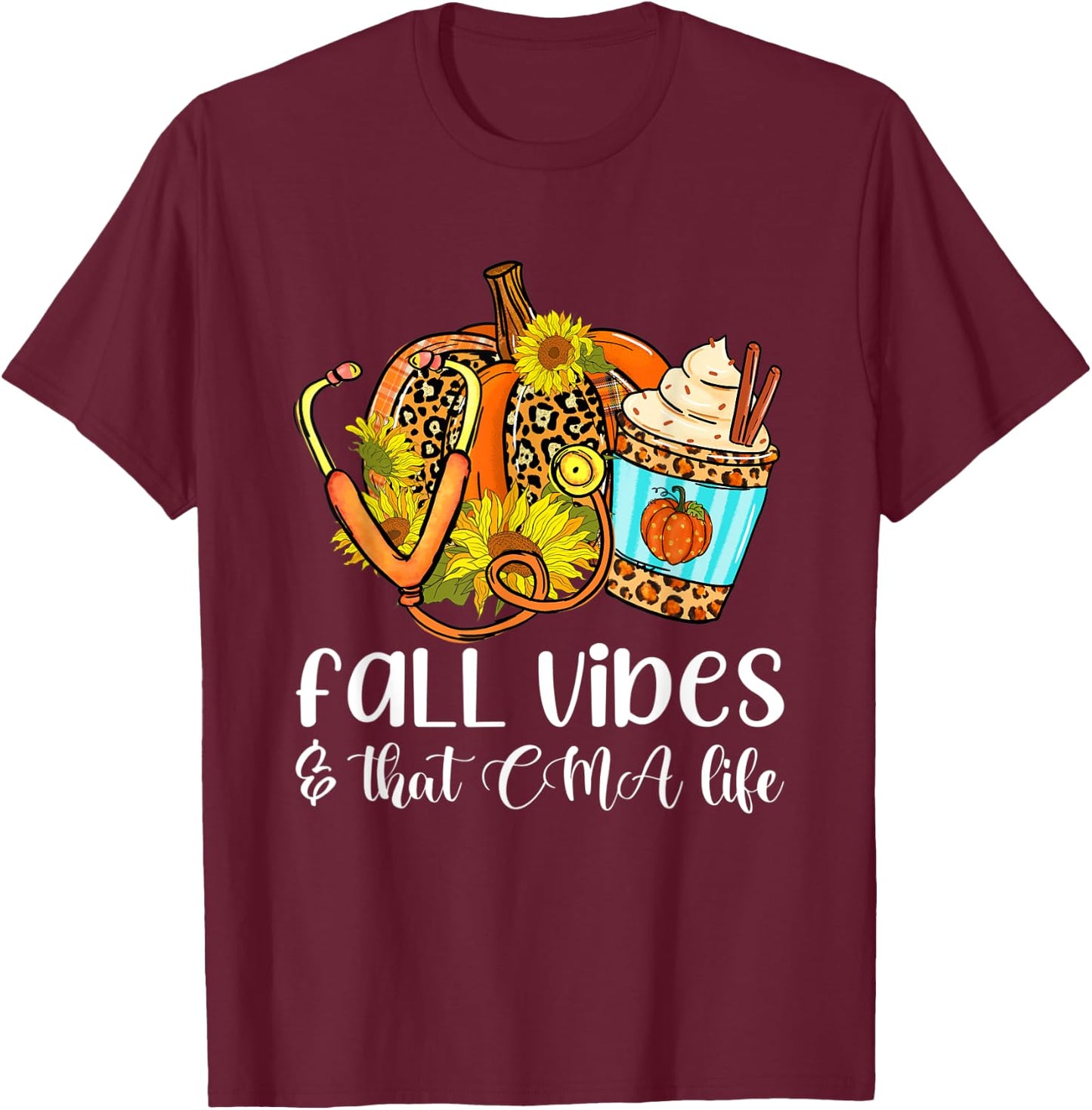 Fall Vibes & That CMA Life Leopard Pumpkin Season T-Shirt - T-Shirt | Maroon