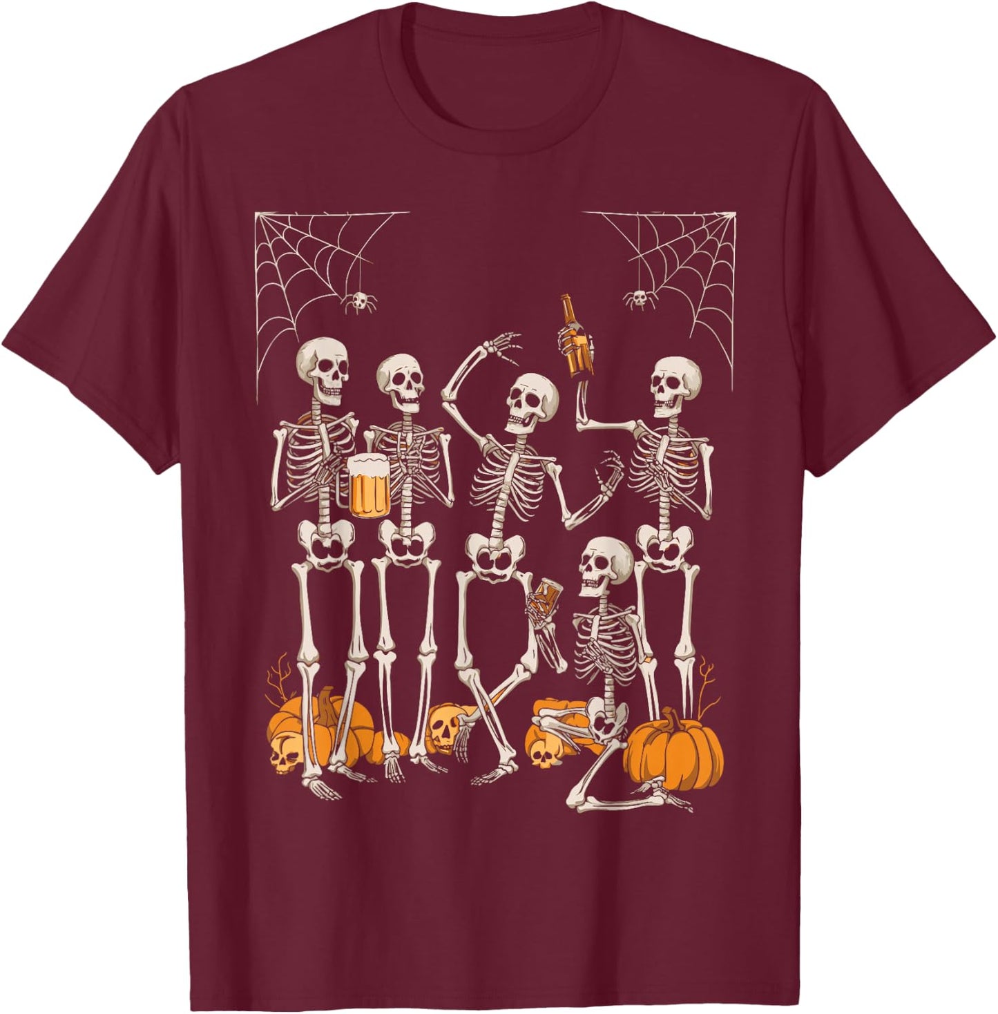 Scary Skeleton Party Halloween Costume 2024 Drinking Beer T-Shirt - T-Shirt | Maroon