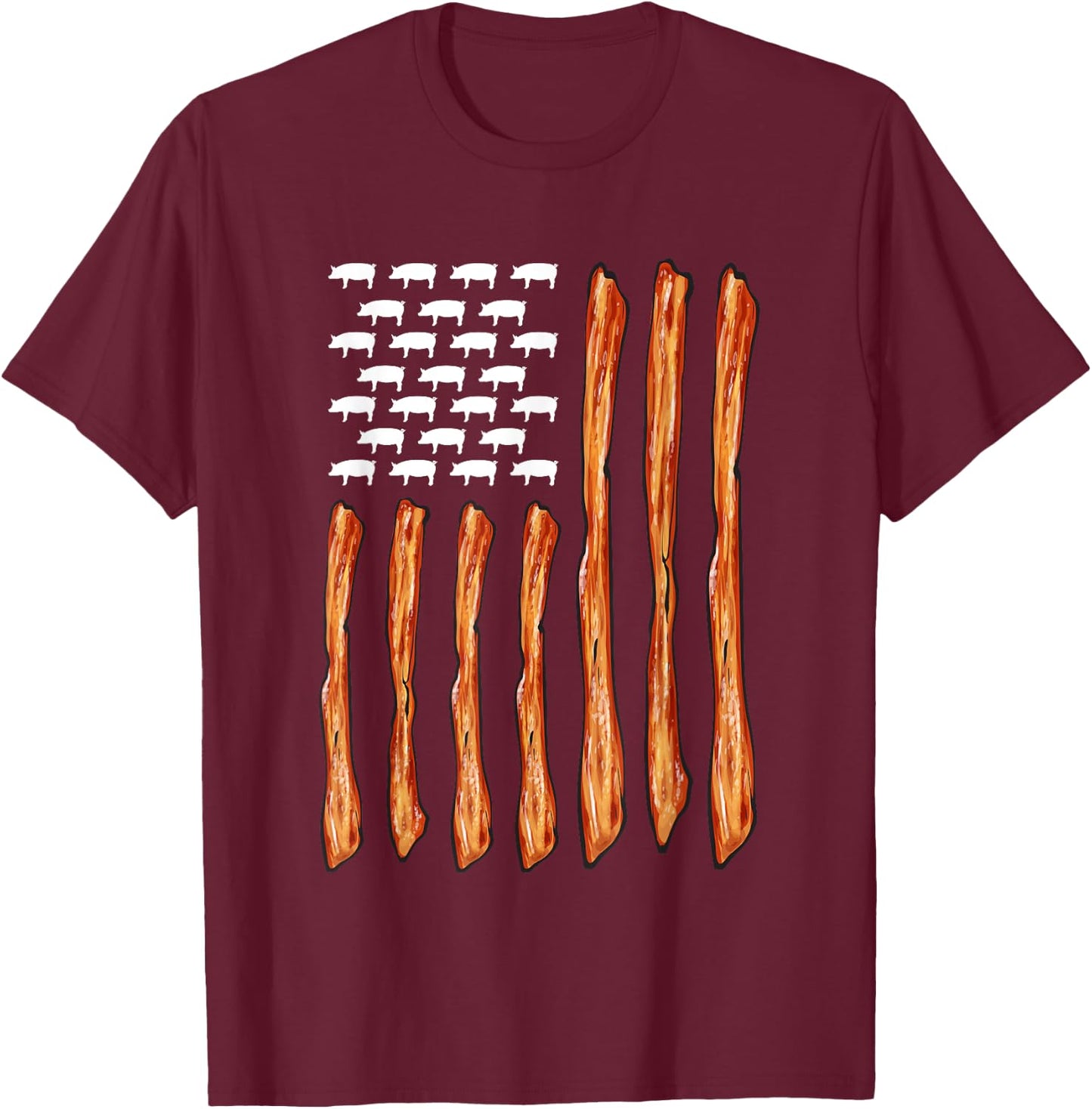 USA Bacon Meat Lover American Flag Bacon T-Shirt - T-Shirt | Maroon