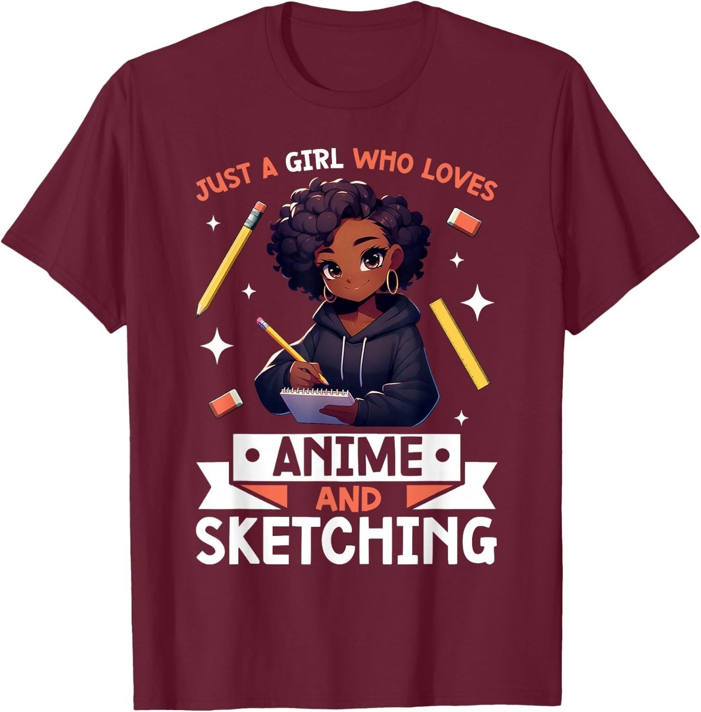 Just A Girl Who Loves Anime And Sketching Afro Anime Merch T-Shirt - T-Shirt | Maroon
