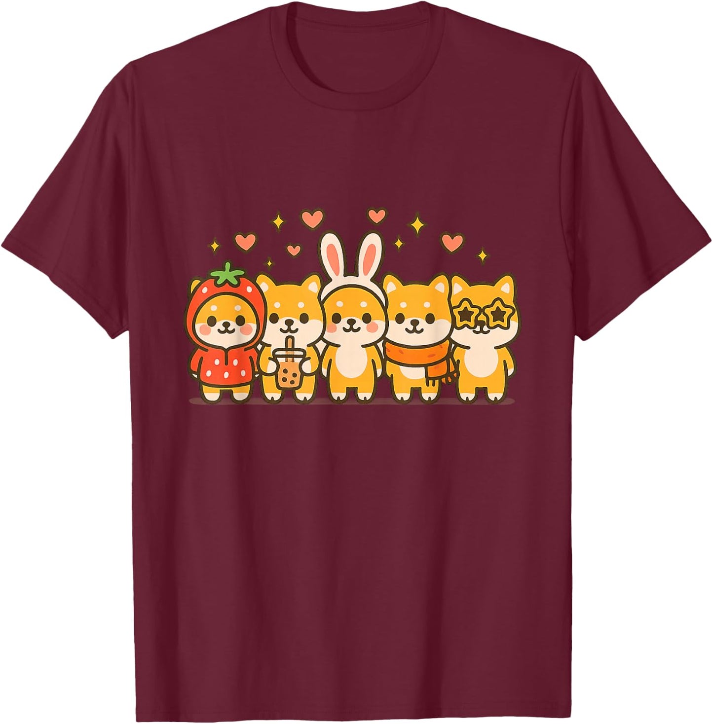 Kawaii Shiba Inu Squad Cute Strawberry Bunny Boba Dog Art T-Shirt - T-Shirt | Maroon
